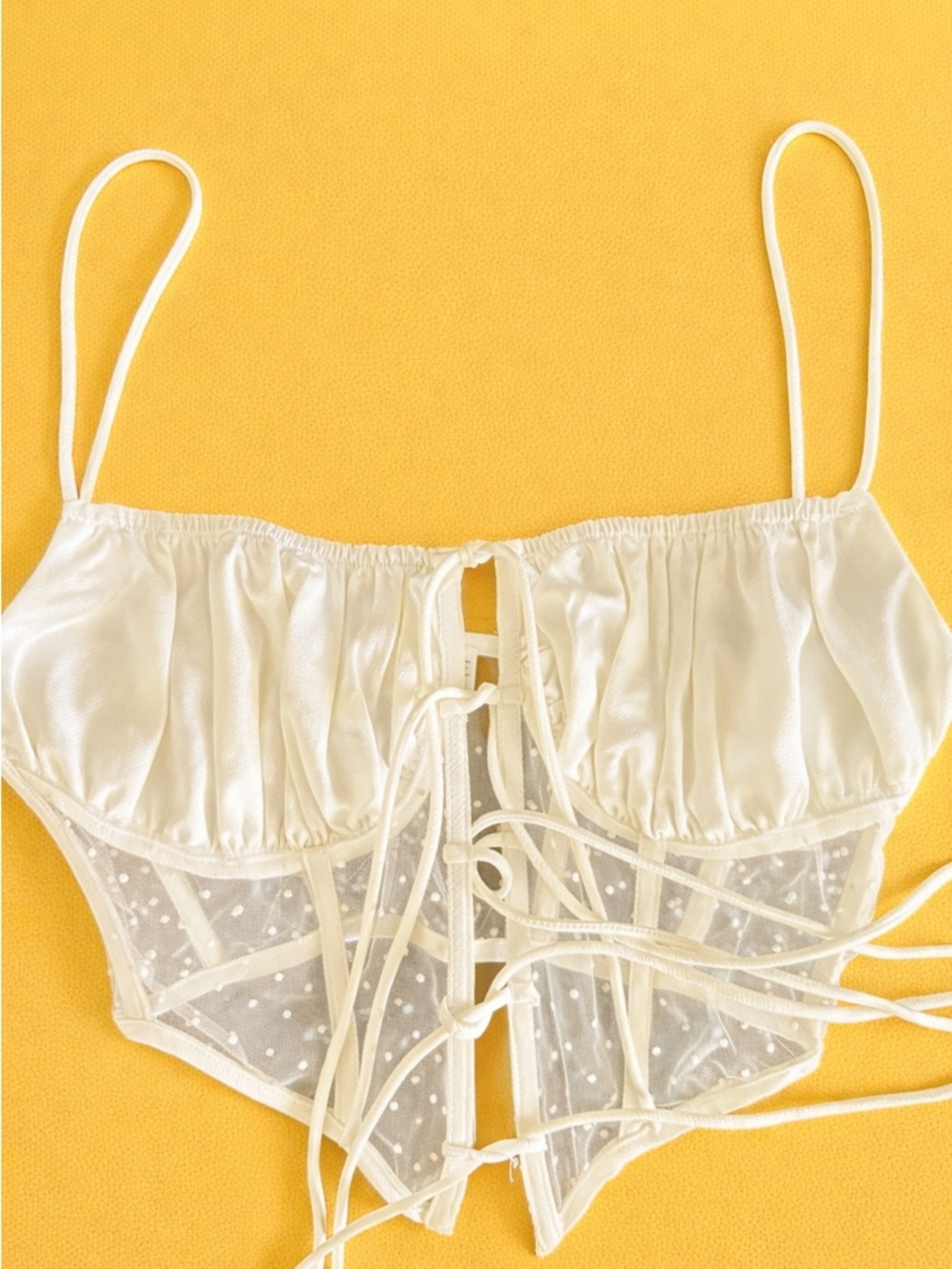 Ivory Satin & Sheer Dot Lace Corset Crop Top